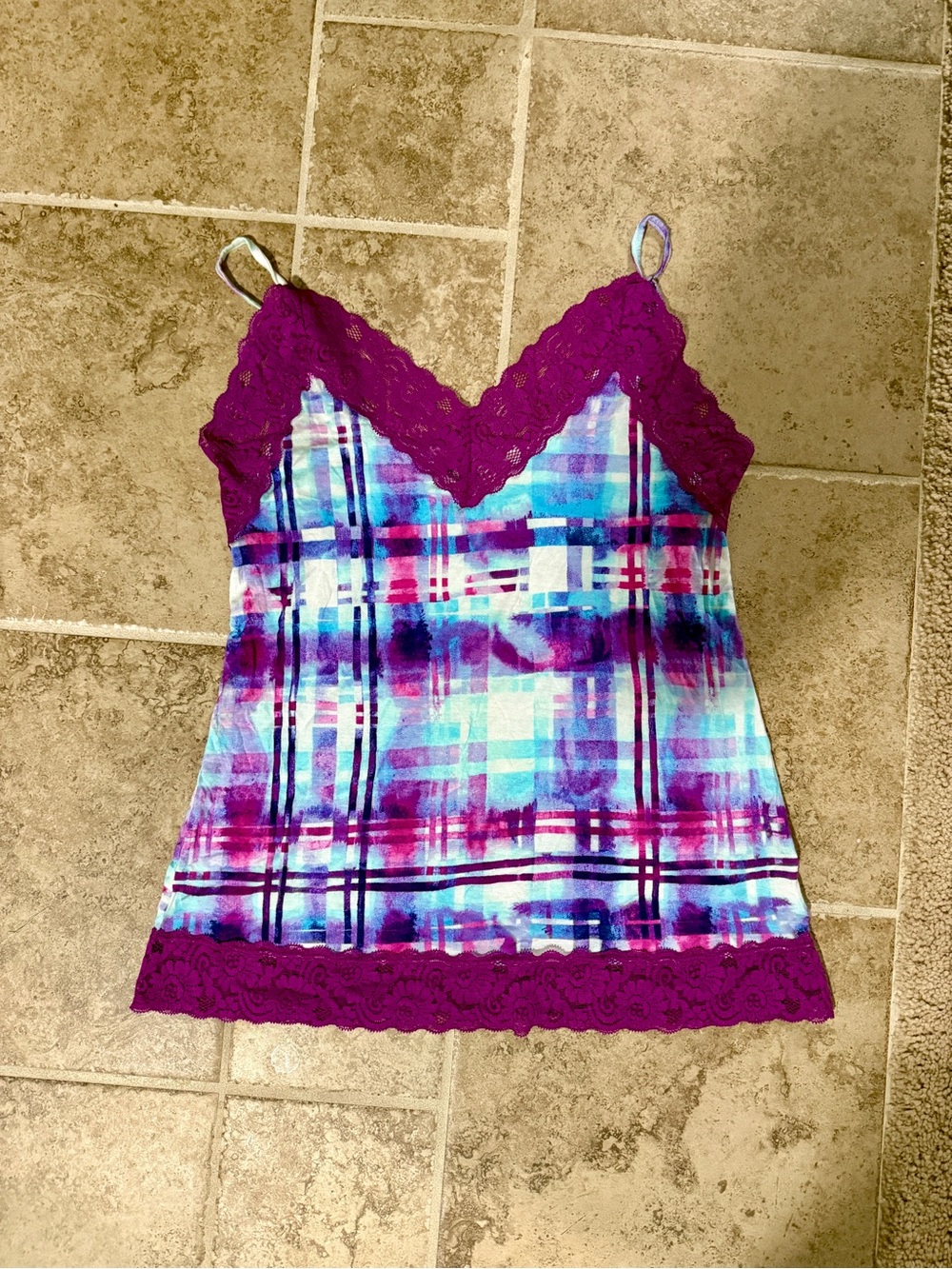 Decree Purple Lace-Trim Plaid Tank with Blue and Teal Accents